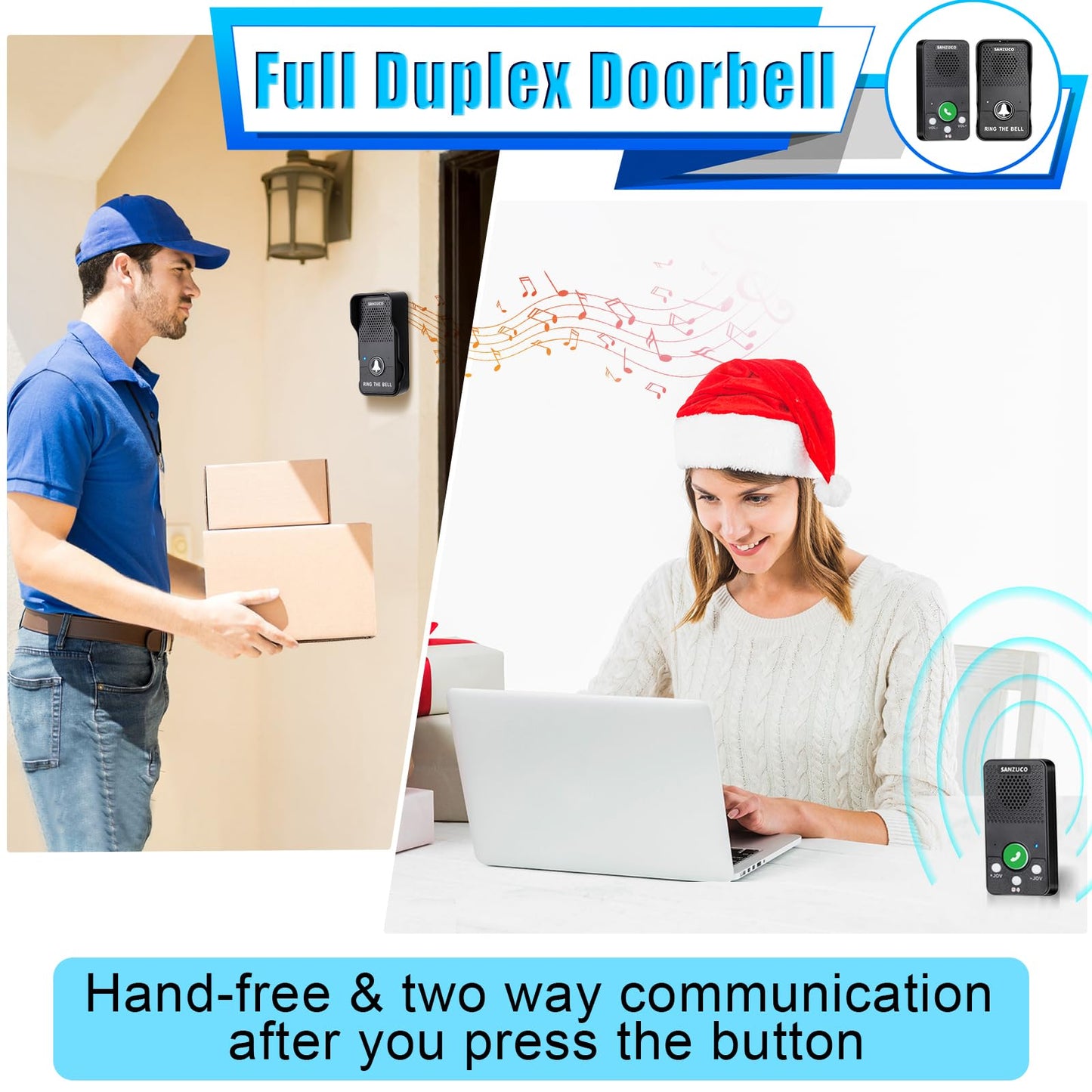 Wireless Doorbell, SANZUCO Doorbells Hands Free Communication, Full Duplex Waterproof Door Bell 1000 Feet Range Rechargeable with 4 Melodies, 8 Volume Levels, 2 Receiver + 2 Transmitter, Black