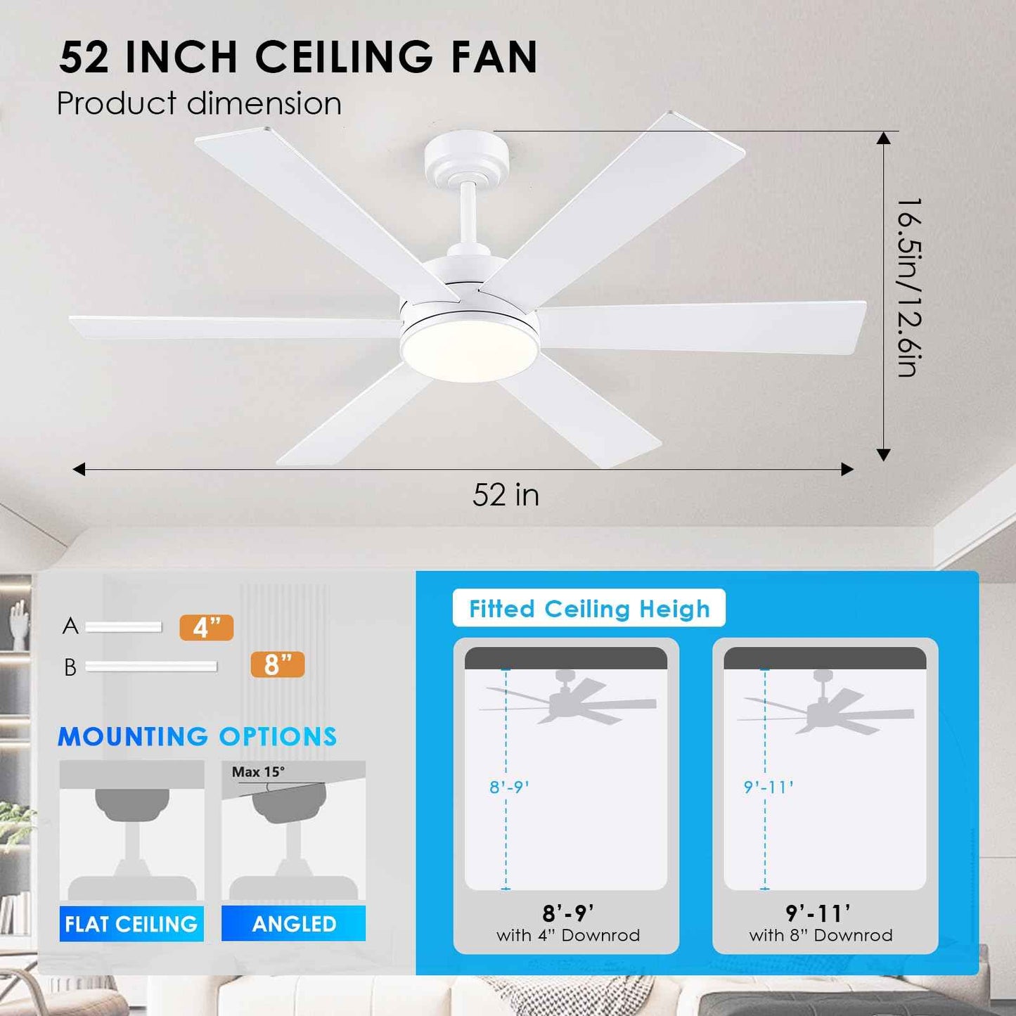 BayDay Farmhouse Rustic Ceiling Fans with Lights and Remote, Bedroom Living Room Kitchen Fans Ceiling with Light Chandier (White, 52 inch)