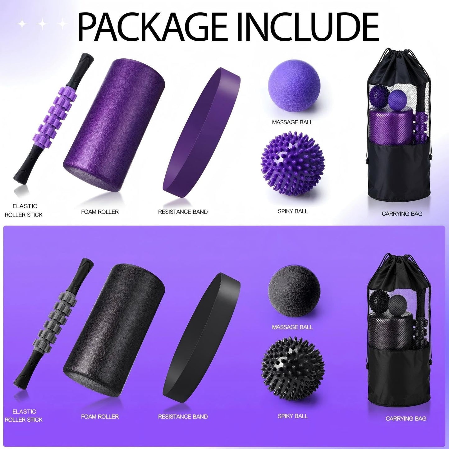 Soulchen 12 Pcs Foam Roller Set - 6 in 1 Deep Muscle Recovery Kit Includes Back Roller, Massage Ball, Muscle Stick, Fasciitis Ball, Stretch Strap & Bag for Body Physical Exercise Therapy, 2 Set