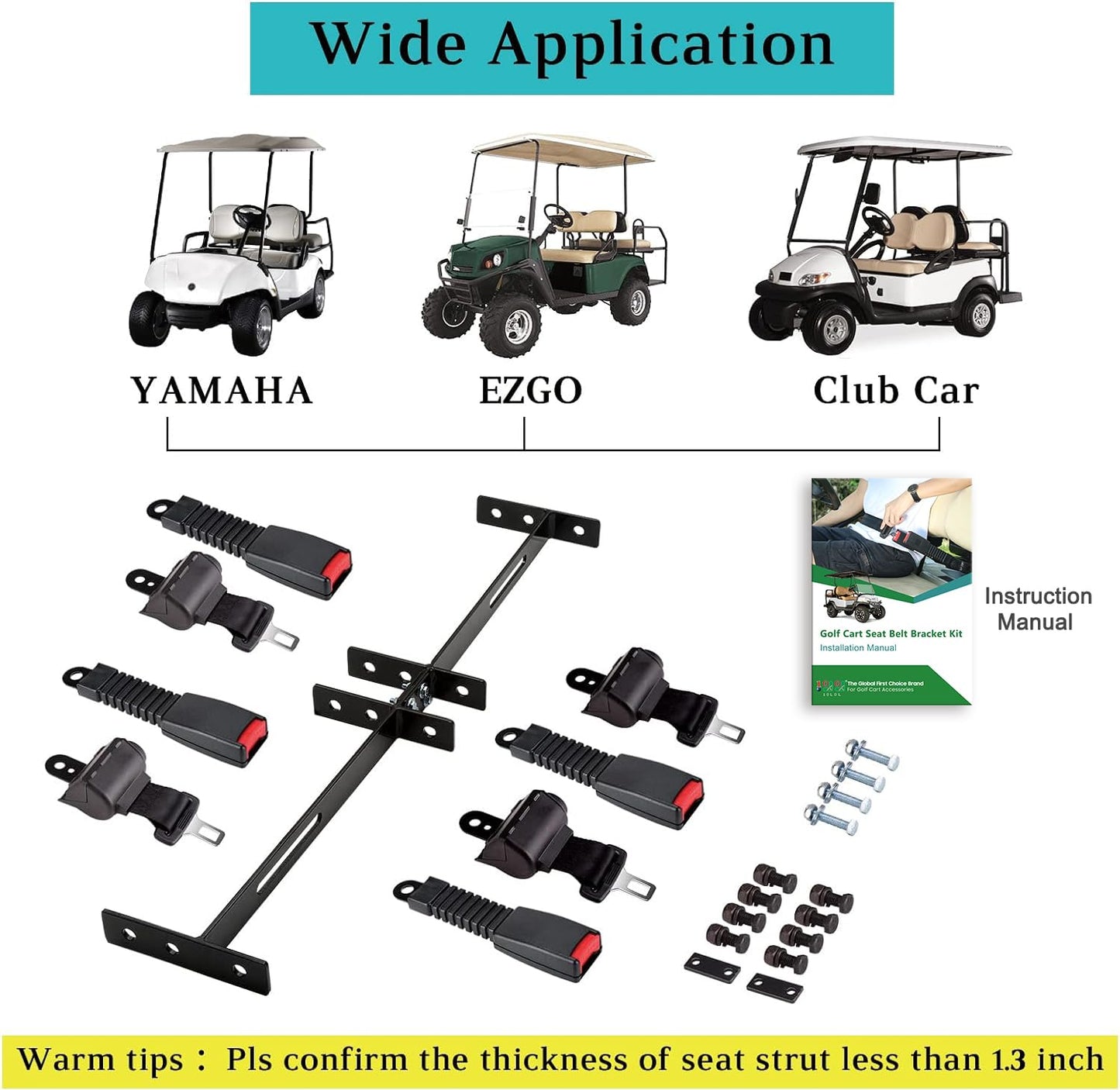 10L0L 4PCS Universal Retractable Golf Cart Seat Belt Kit with Bracket for Yamaha, EZGO, Club Car