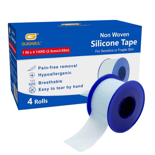 G+ GUIGABUL Silicone Surgical Tape 1" x 4yd (4 Rolls),Medical Tape for Sensitive Skin,Surgical Tape Pain-Free Removal Hypoallergenic Repositionable Adhesive Tape for Dressings,Face,First Aid