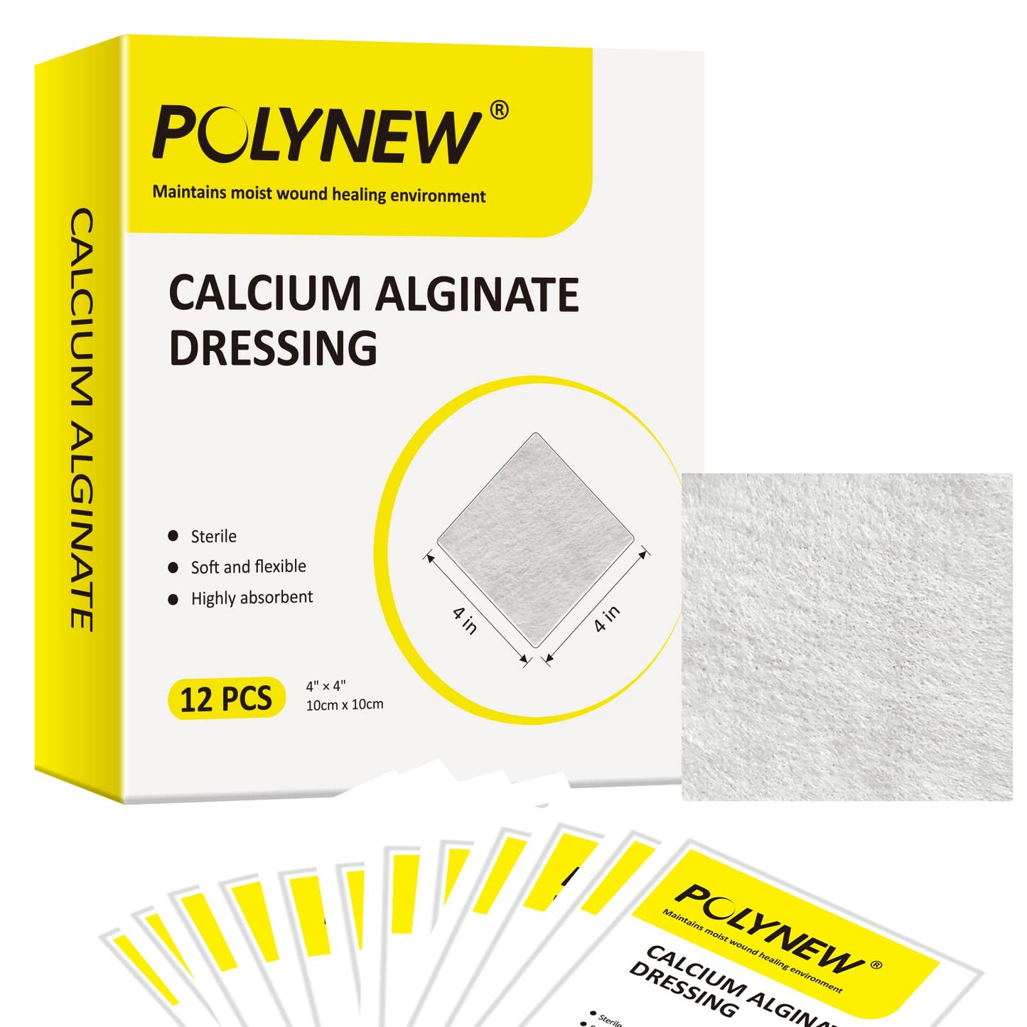 Polynew Calcium Alginate Wound Dressing, 4'' x 4''-12 Pcs/Box Soft and Highly Absorbent Pads, Home Health Care, Medical Supplies for Wound Care