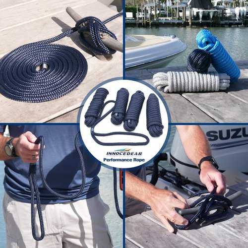 Marine-Grade Dock Lines by Hi-Performance | 4 Pack 1/2” X 15’ Double-Braided Nylon with 12” Eyelet - Navy Blue