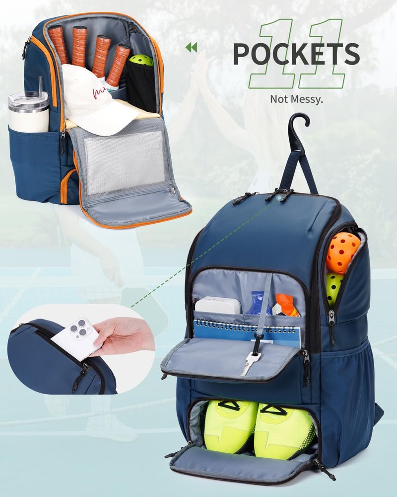 sportsnew Pickleball Bag, Waterproof Pickleball Backpack for Women Men with Shoe Compartment & Fence Hook, Navy Blue Patent Pending