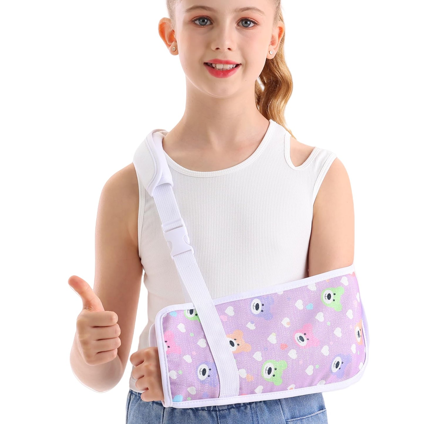 Ledhlth Kids Arm Sling for Broken Arm, Torn Rotator Cuff, Shoulder Elbow Wrist Injury, Printed Pediatric Brace Support (Purple Bear, Small)