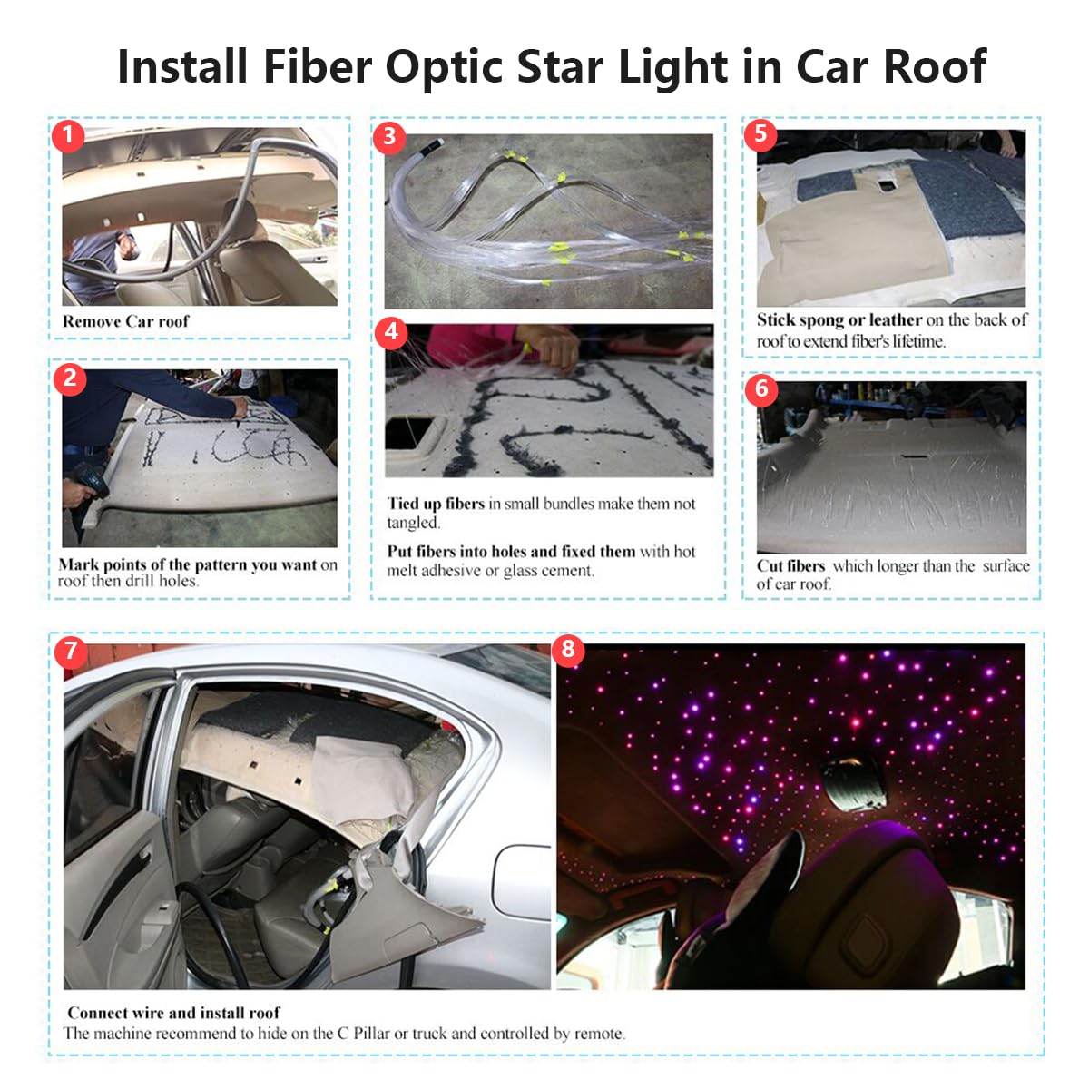 AKEPO Small Size 16W Twinkle RGBW APP Fiber Optic Lights, Music Activated 6.5ft/2m 500pcs 0.03in/75mm Optical Fiber Star Ceiling Light Kit for Car Truck Headliner Star/Home