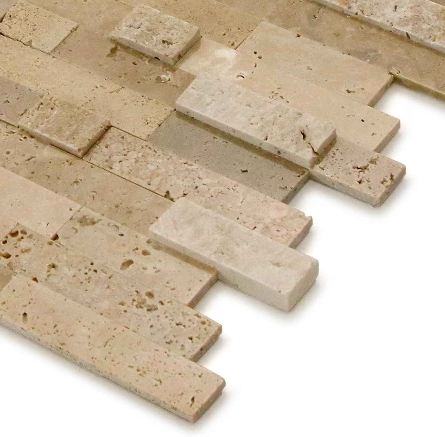 Peel and Stick 3D Stone Mosaic Tiles - 12x11" Self-Adhesive Backsplash for Kitchen & Bathroom - 5 Sheets, Mixed Tan