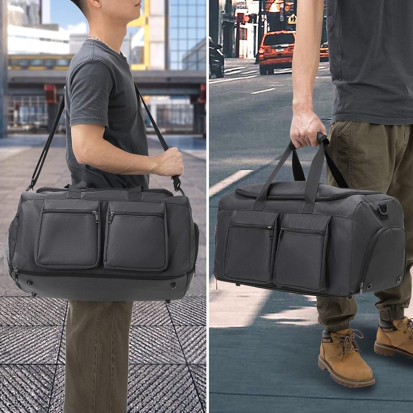 Seyfocnia Gym Weekender Bag - Travel Duffel with Wet Pocket & Shoe Compartment | Black
