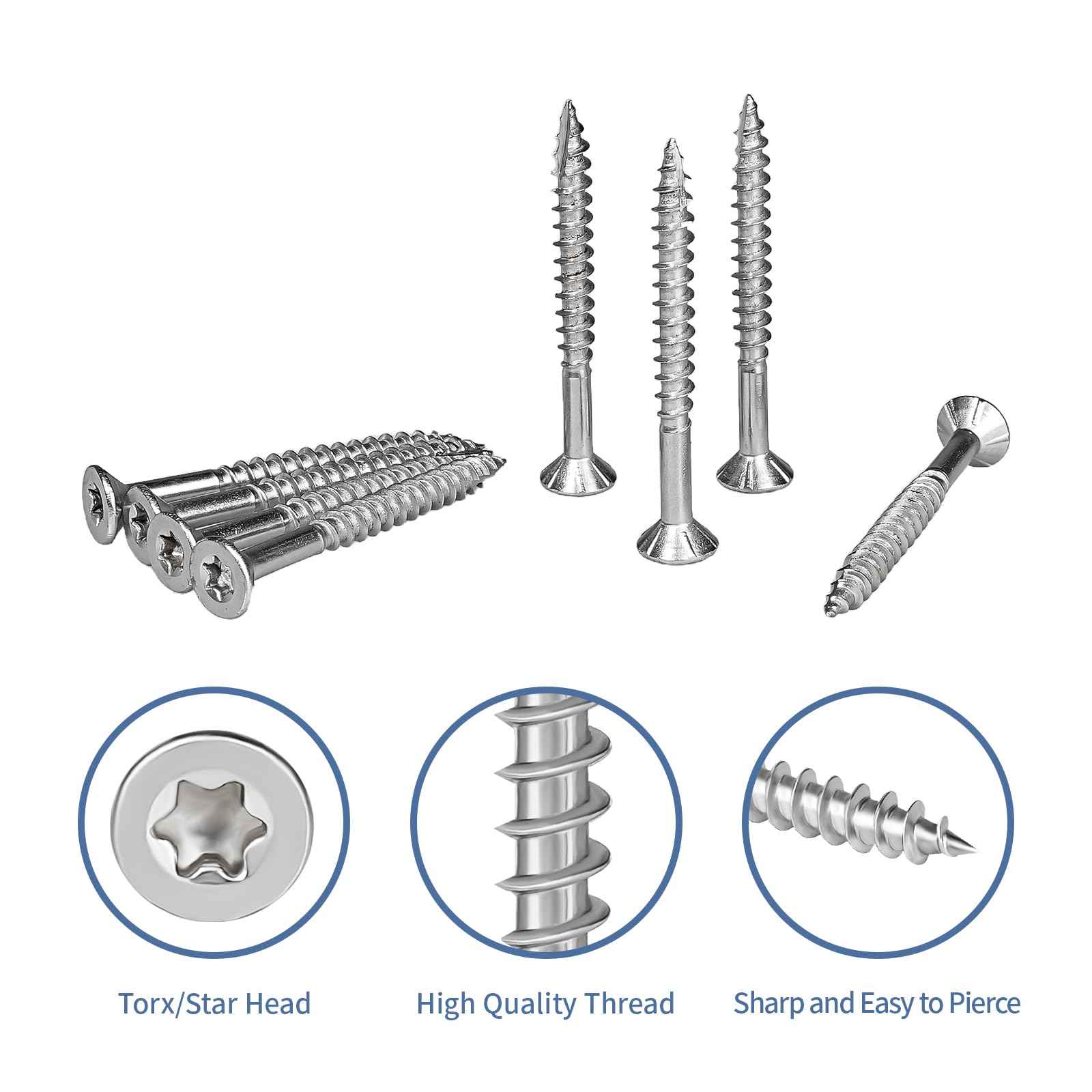 GOOBETTER #8 x 1-5/8" Exterior Wood Screws, 250 Pcs Deck Screws, Torx Head Screws, 304 Stainless Steel Corrosion-Resistant for Fencing, Decks, Outdoor Projects, Includes T20 Torx Bit
