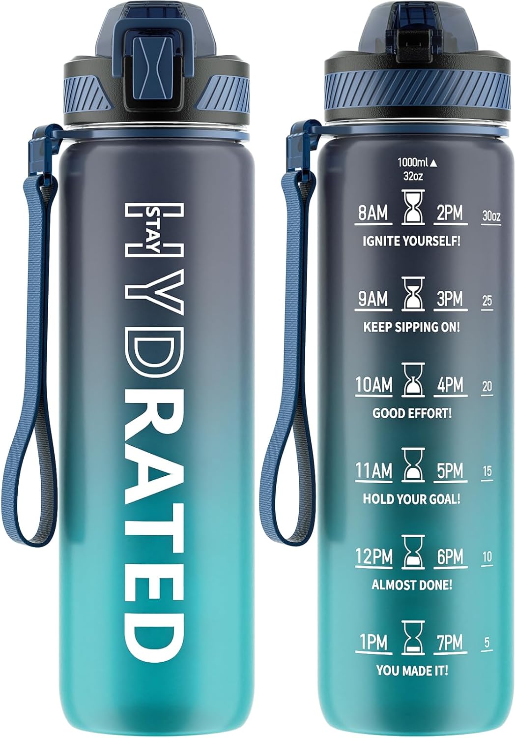 QLUR 32oz Motivational Water Bottle - BPA-Free Tritan with Time Marker & Carry Strap | Leakproof for Gym & Outdoor Use