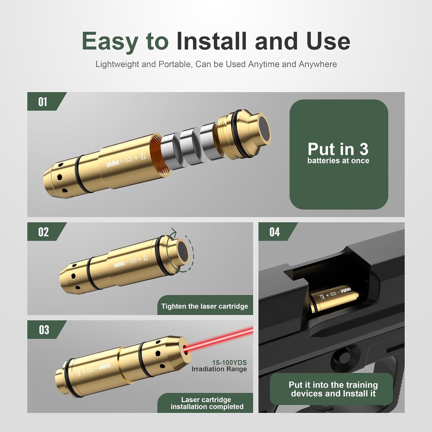 Skiennix 9mm Laser Training Cartridge - Enhance Dry Fire Practice with 3 Battery Sets