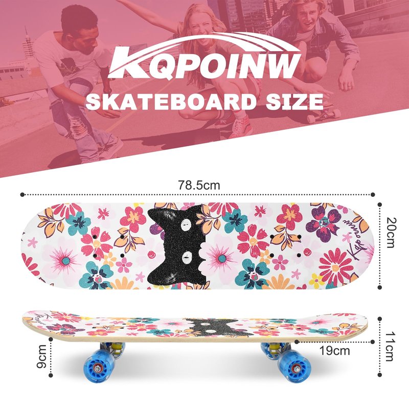 Kqpoinw Standard Skateboards with Colorful Flashing Wheels for Beginners, Kids,Teens, 7 Layer Maple Complete Skateboard for Girls Boys, 31" x 7.8" Double Kick Concave Kids skateboard with Skate T-Tool