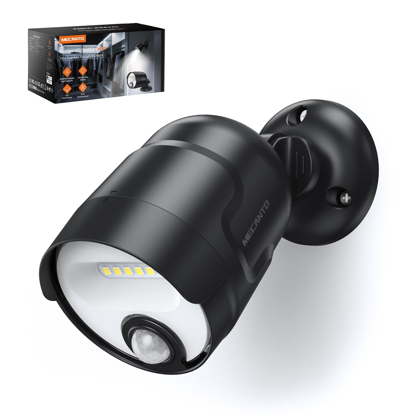 Mecanto Battery Operated Motion Sensor Light Outdoor, 4000mAh Rechargeable 600 Lumen 2 Modes(Dusk to Dawn) Battery Powered Spotlight Outdoor Waterproof for Porch, Garage, House