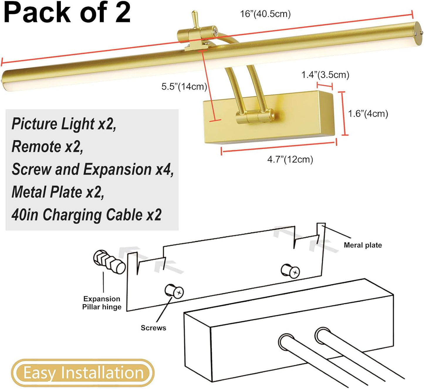 Wireless Battery Operated Picture Lights - 2 Pack, 16 Inch Dimmable Art Lighting with Remote, 6 Color Options - Perfect for Paintings and Gallery Displays