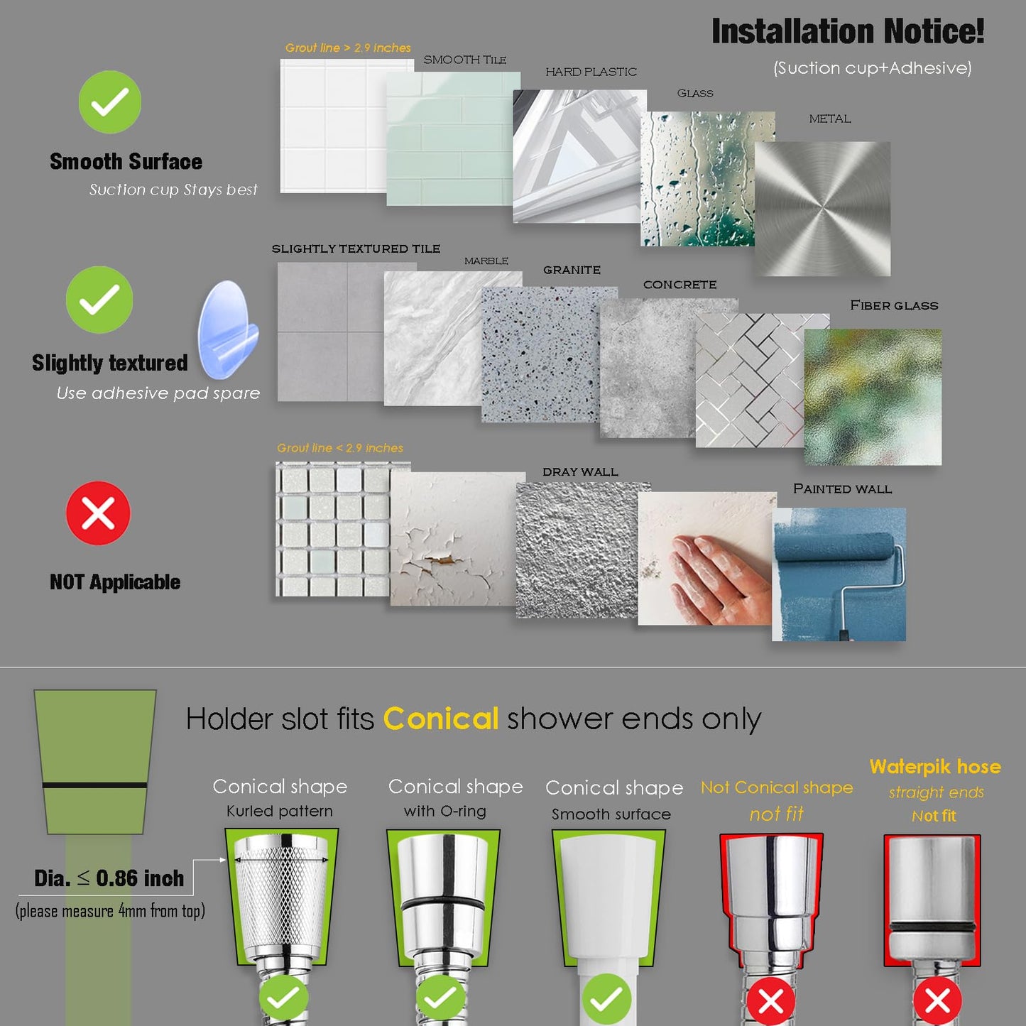 Suction Cup Hand held Shower Head Holder- Reusable - 5 Angles Adjustable - Bathroom Wall Mount Shower Wand Holder - Polished Chrome