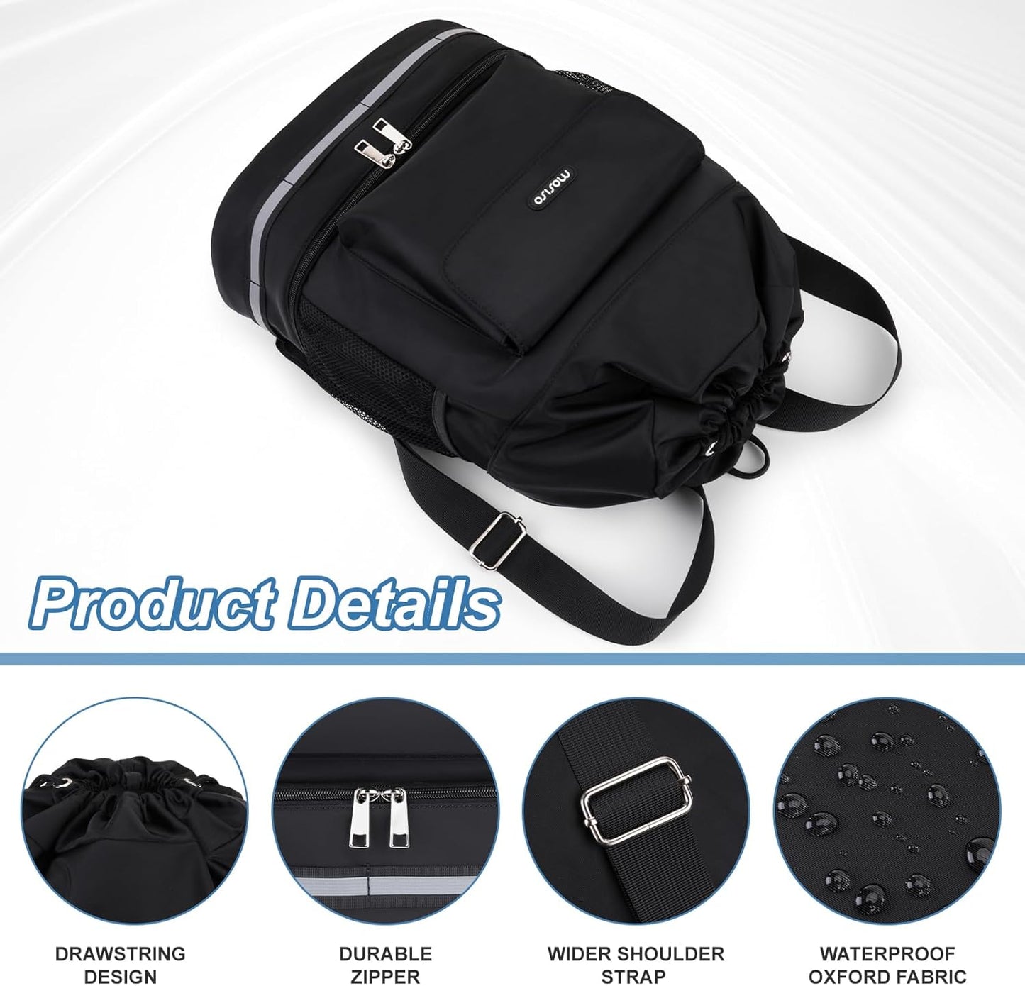 MOSISO Gym Bag - Sports Drawstring Backpack with Shoe Compartment & Front Pocket | Black Fitness Duffle for Travel and Yoga