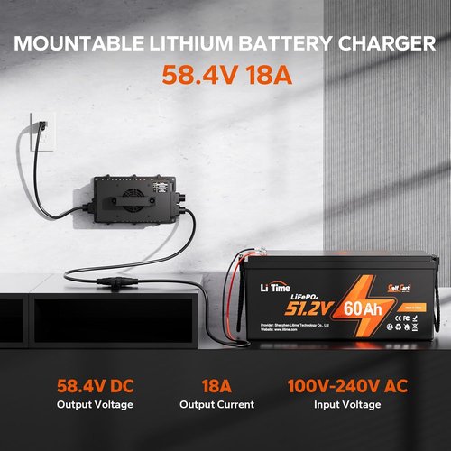 LiTime 58.4V Lithium Battery Charger - 18A Smart AC-DC Charger for 48V LiFePO4 Batteries | IP65 Waterproof
