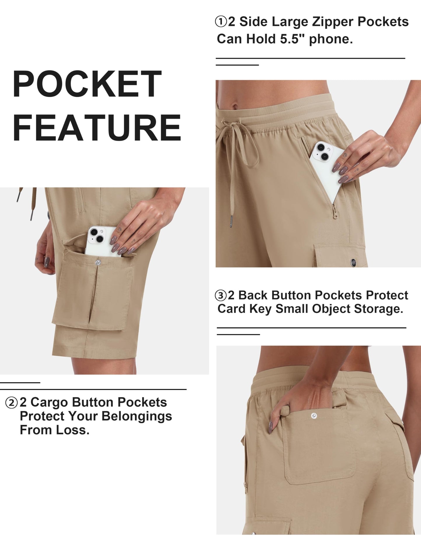 MoFiz Women's Hiking Long Shorts 10" Quick Dry Summer Cargo Shorts for Women Lightweight Knee Length Athletic Shorts with Pockets Khaki M