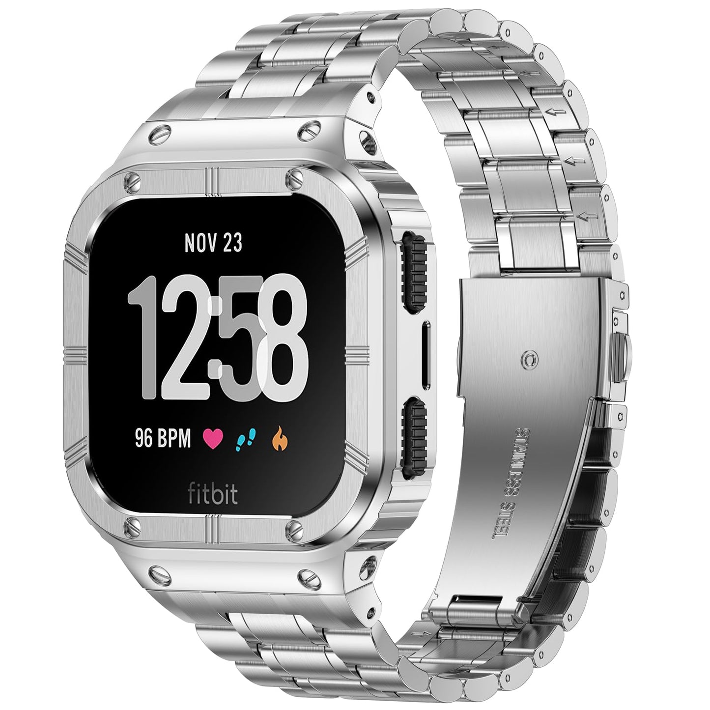 BAITEYOU Stainless Steel Watch Band with Case Compatible for Fitbit Versa 4 3 2 1 Lite,Fitbit Sense 2/Sense Bands, Rugged Protective Bumper Metal Wristbands for Men Silver