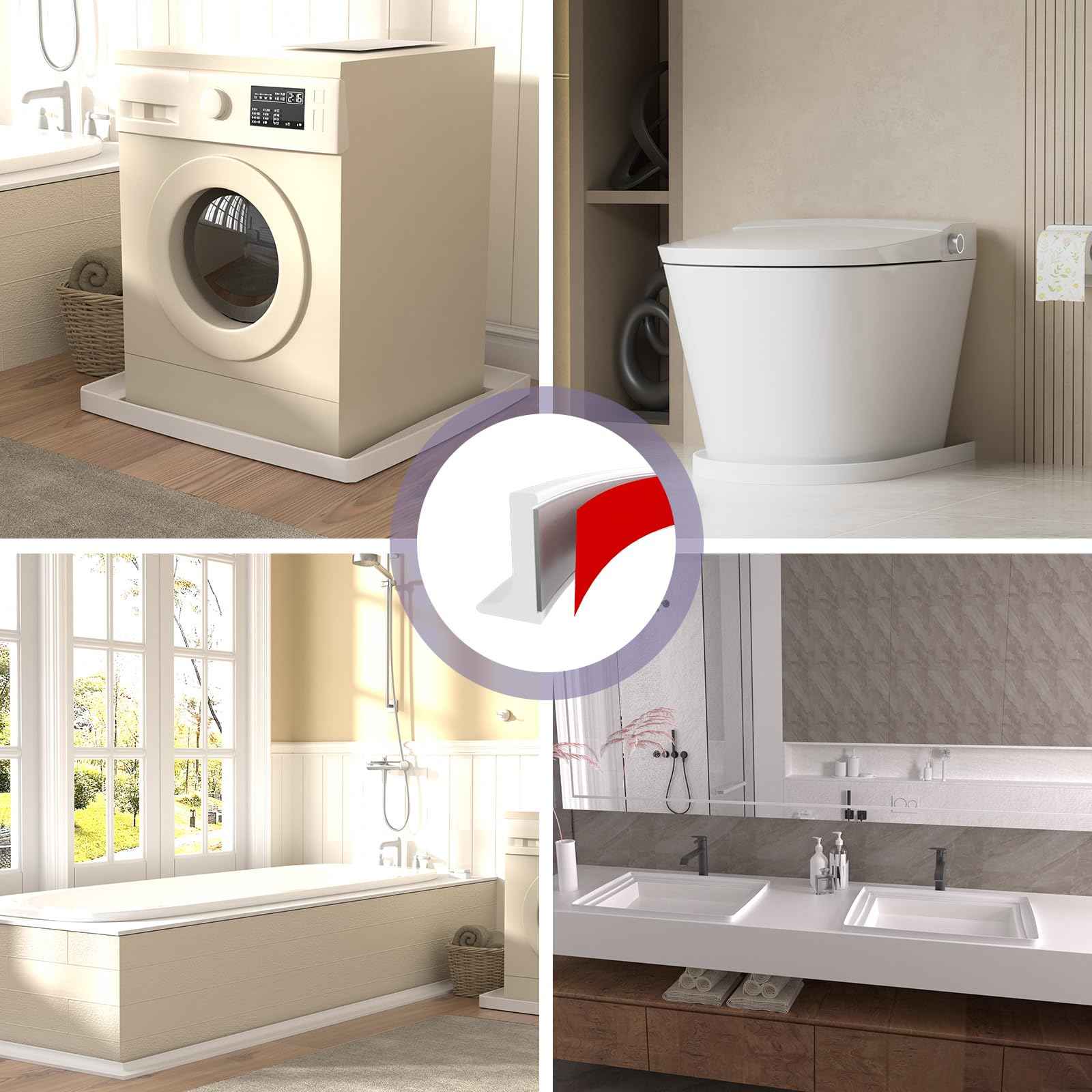 Hzetuu Shower Threshold Water Dam Barrier - Versatile, Silicone Shower Water Guard Stopper Seal Strip for Bathroom Floor, Bathtub Rim, Kitchen Countertop (White, 98 In/ 2.5M)