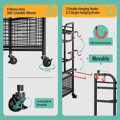 Yes4All Dumbbell Rack, Weight Rack for Home Gym, Sports Equipment Organizer for Dumbbells Kettlebells Yoga Mat Foam Roller and Balls, All in One Gym Workout Storage with Basket, Wheels and Hooks