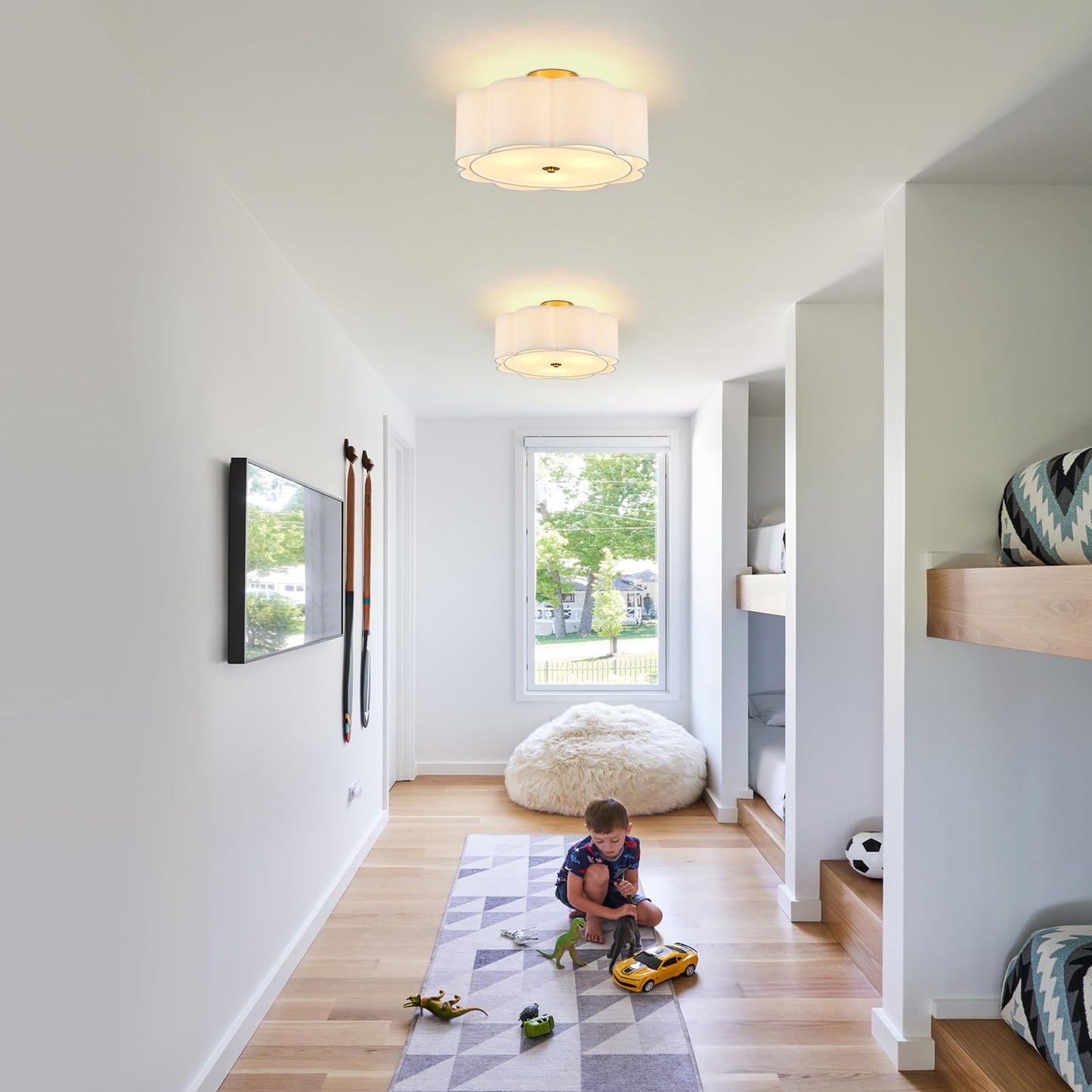 Widluth Modern Semi Flush Mount Ceiling Light 18" Modern Gold Drum Ceiling Lighting Fixture with Linen Shade Vintage Ceiling Lamp for Living Room, Bedroom, Kitchen, Dining Room, Hallway, and Entryway