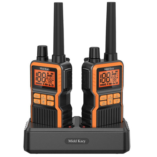 Midd Kacy Walkie Talkies Long Range, 60 Channel GMRS Portable Hunting Waterproof 2 Way Radio with 121 Privacy Codes, SOS, NOAA Weather Alerts, VOXChannel Scanning, 2 Pack (Black/Orange)