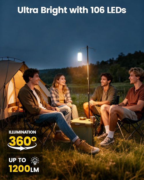 Glocusent LED Camping Lantern - Rechargeable 5000mAh, 80Hrs Battery Life, 1200LM Brightness, IP68 Waterproof