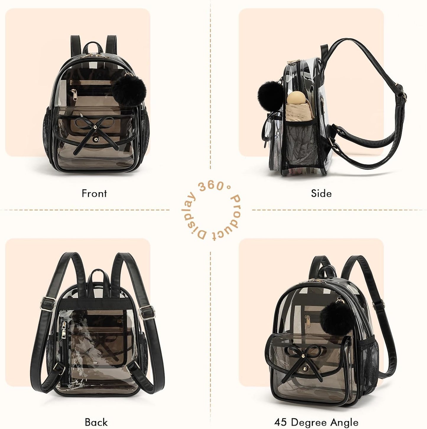 Skiennix Clear Backpack - Stadium Approved 12x12x6 PVC Bag with Stylish Leather Trim for Women