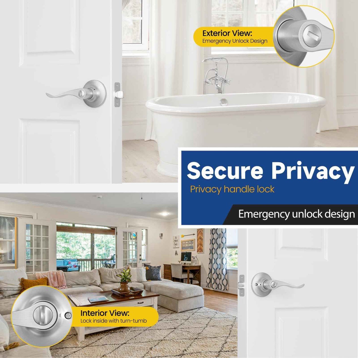 RAFECIEE Privacy Door Handle with Lock Keyless Door Lever for Bathroom and Bedroom Satin Nickel Wave Style Interior Door Handles