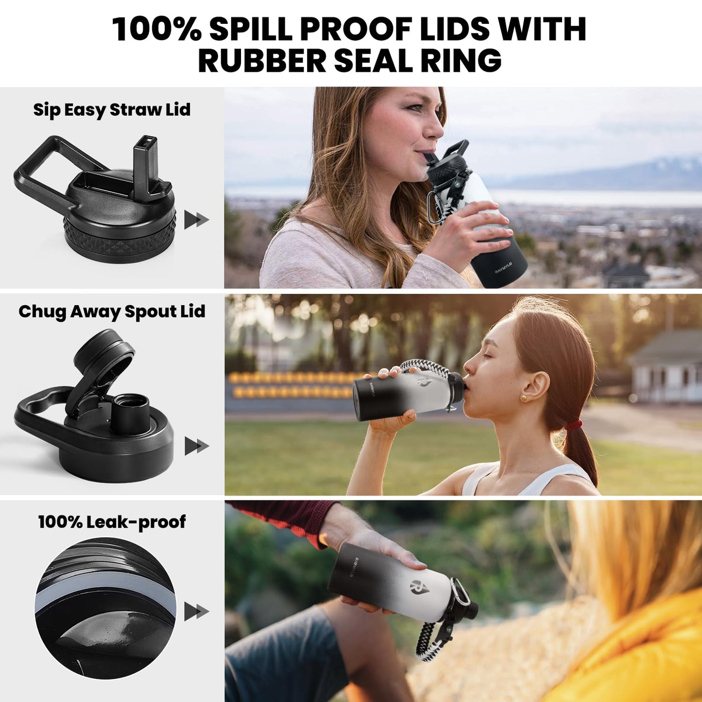 RAYMYLO Insulated Water Bottle 32 oz, Triple Wall Vacuum Stainless Steel (Cold for 24Hrs, Hot for 12Hrs), Leak Proof & Non-BPA, Modern Water Flask Jug with Paracord Handle & Straw Spout Lids