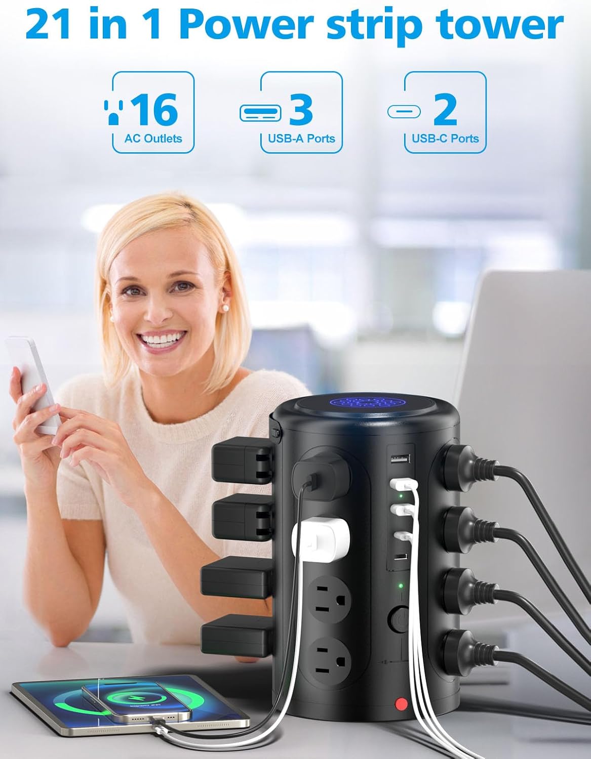 15W Wireless Charging Surge Protector Power Strip with 16 AC Outlets & 5 USB Ports - Desk Charging Station for Home, Office & Dorm Room (10FT)