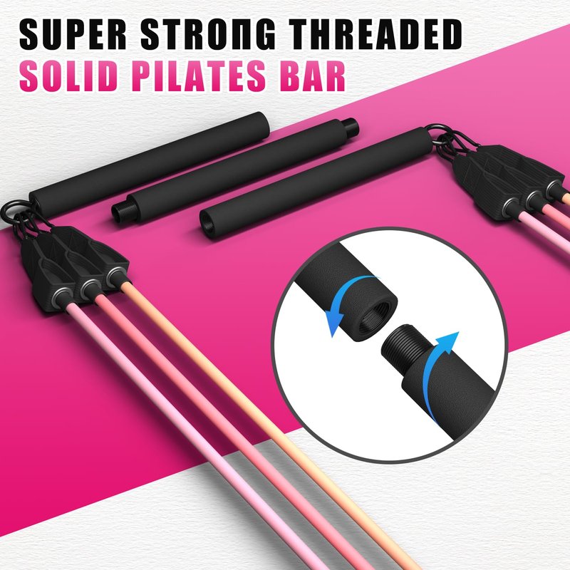 VEICK Pilates Bar Kit with Resistance Bands, Elastic Workout Bands for Men and Women, Set of 5 Resistance Loop Bands for Home Fitness, Stretching, Strength Training, Physical Therap, Light Pink