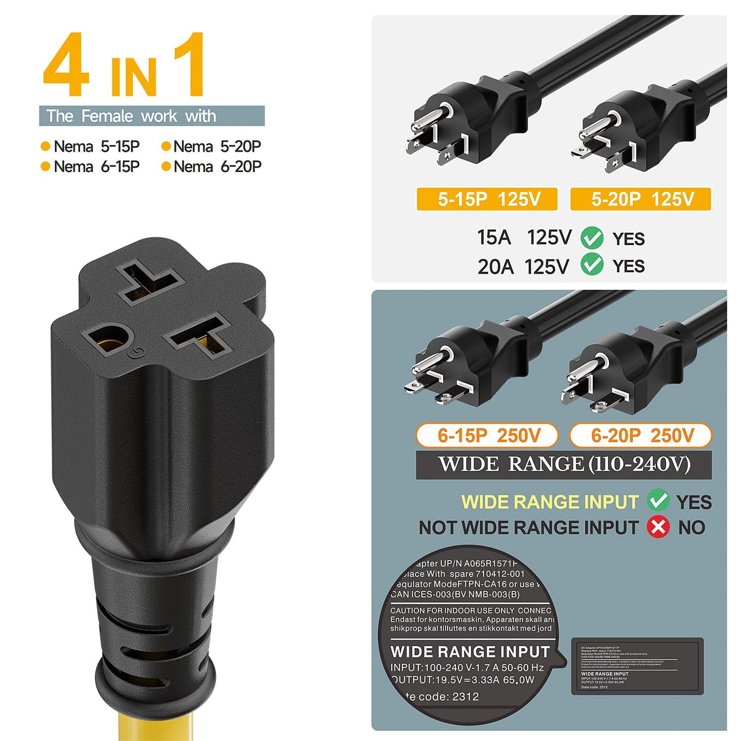 1-Foot Nema 5-15P to 4-in-1 Female Adapter Cable, 6-20R 12AWG Heavy Duty EV Charging Power Adapter,15A Household Plug to 6-20R T Blade Adapter Cord Yellow Cord