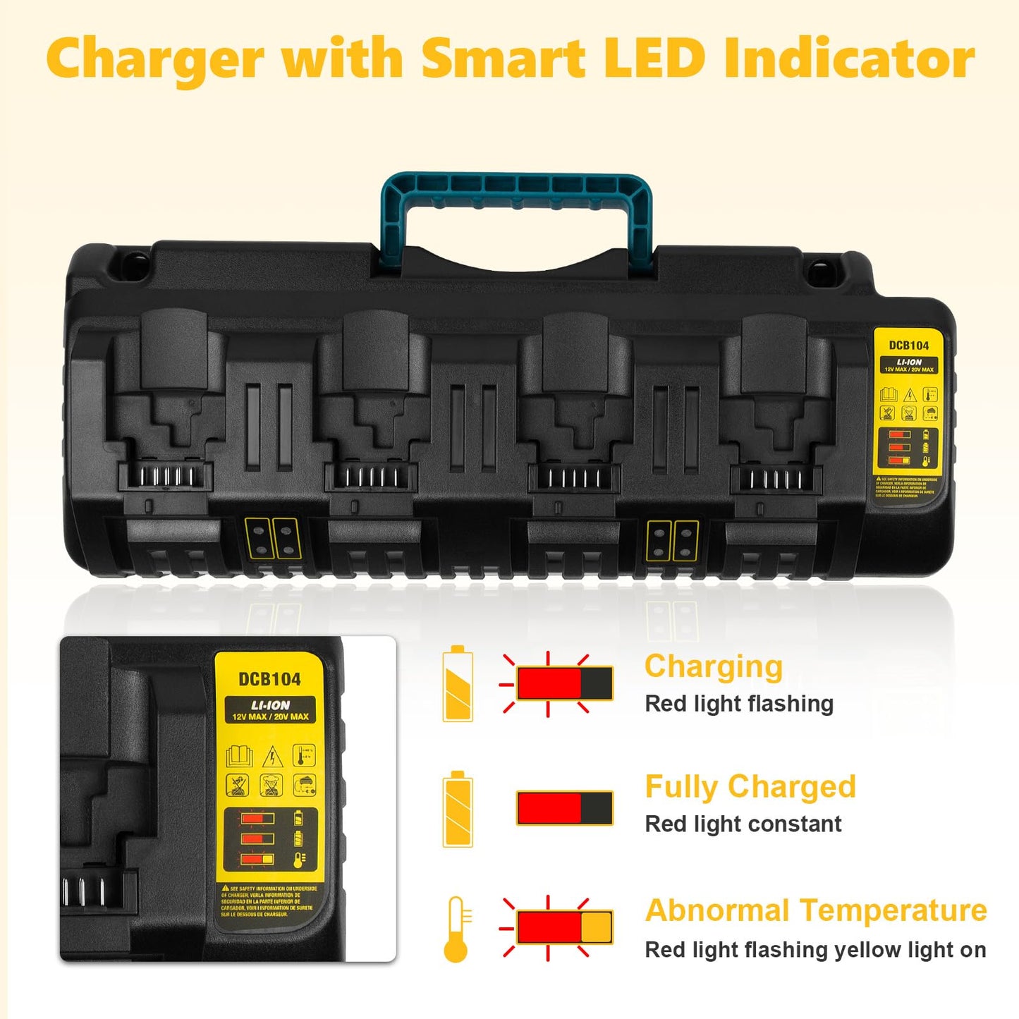 DCB104 4-Port Fast Charger for DeWalt 20V/60V Max Battery, with USB Port Compatible with DeWalt Battery 20V/60V DCB206 DCB208 DCB205 DCB606 DCB609Y DCB612 & Charger DCB104 DCB107 DCB115 DCB118
