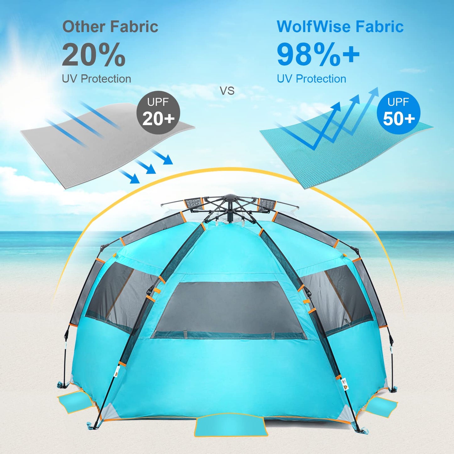 Wolfwise Instant Beach Tent Sun Shelter with Zippered Extendable Porch for Privacy, Portable with Carrying Bag, Easy Setup Pop up Beach Shade for 3-4 Person, 85 x45x49 IN, Blue