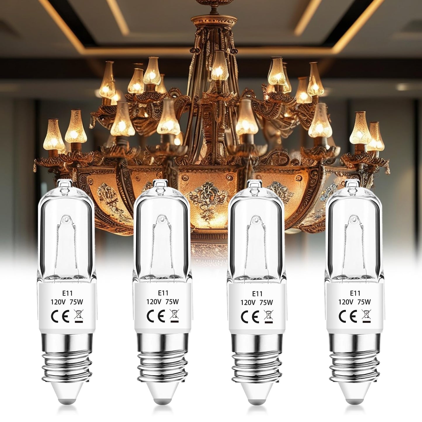 Jaenmsa JDE11 120V 75W Halogen Bulbs,T4 JD E11 Mini Can 75W Tungsten Halogen Candelabra Bulb Dimmable,Warm White 2800K Replacement E11 LED Light Bulb for Chandeliers/Ceiling Fan/Cabinet Light,4 Pack