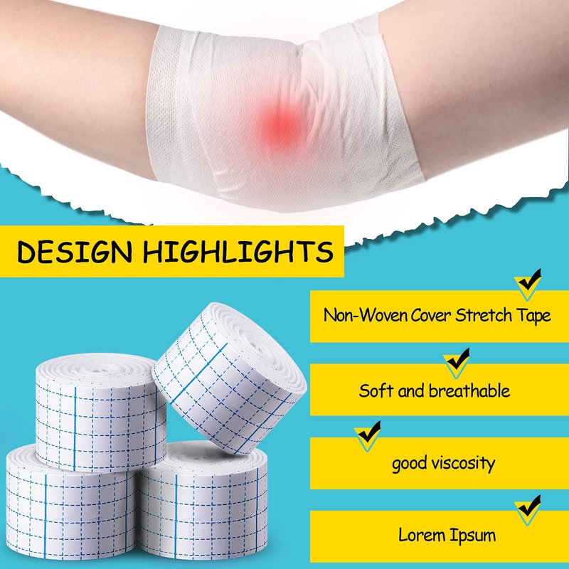 Nuanchu 4 Rolls Non-Woven Cover Roll Stretch Tape Non-Woven Adhesive Bandages Breathable Bandage Tape Cohesive Wrap Bandages Protective Stretch Bandage Film
