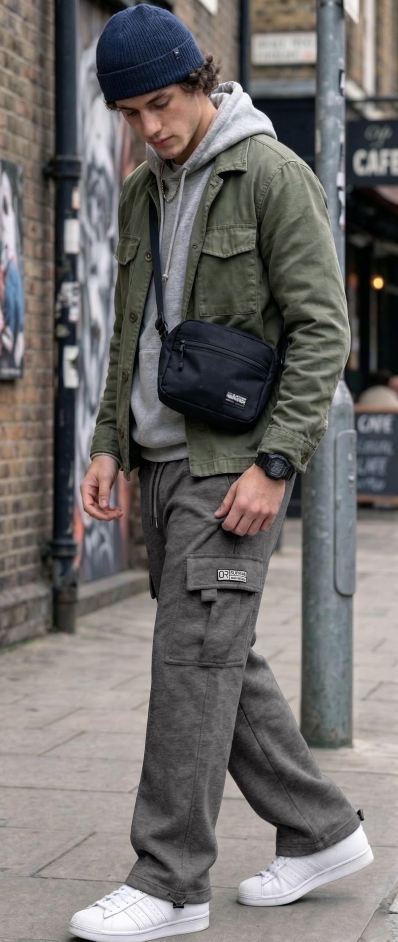 HUNGSON Mens Cargo Sweatpants Drawstring Casual Hiking Pants Joggers Athletic Trousers Cotton Loose Straight Pants for Men Dark Grey Heather