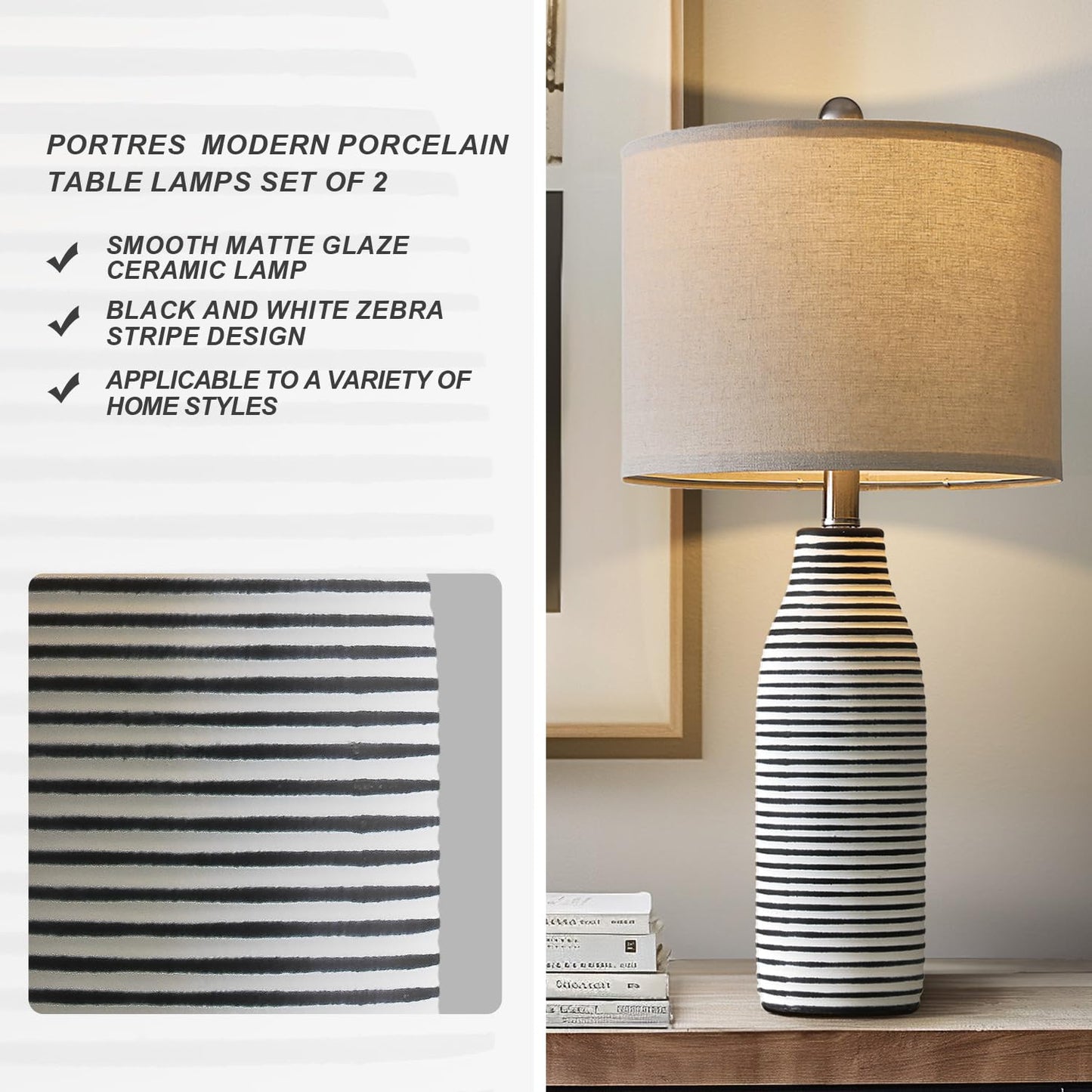 PORTRES 25" Ceramic Table Lamps Set of 2 Beside Lamps for Living Room Modern Bedroom Lamps for Night Stands with Rotary Switch Black and White Stripes