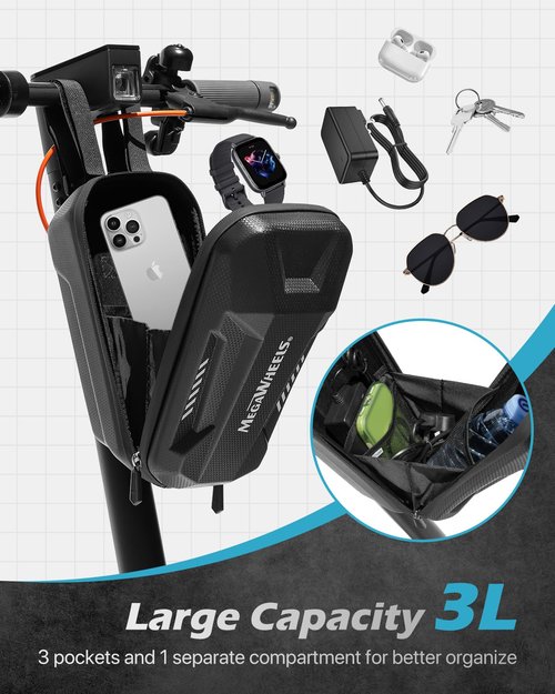 MEGAWHEELS Electric Scooter Bag,Universal Waterproof Escooter Handbar Hanging Bag Wtih 3 Independent Pockets For Carrying Chargers, Phone, Keys,Tools，3L,Tool-Free Installation