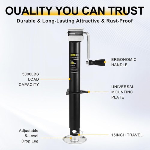 5000 lbs A-Frame Trailer Jack - Heavy Duty Side Wind Design with 15" Vertical Travel & Adjustable Drop Leg