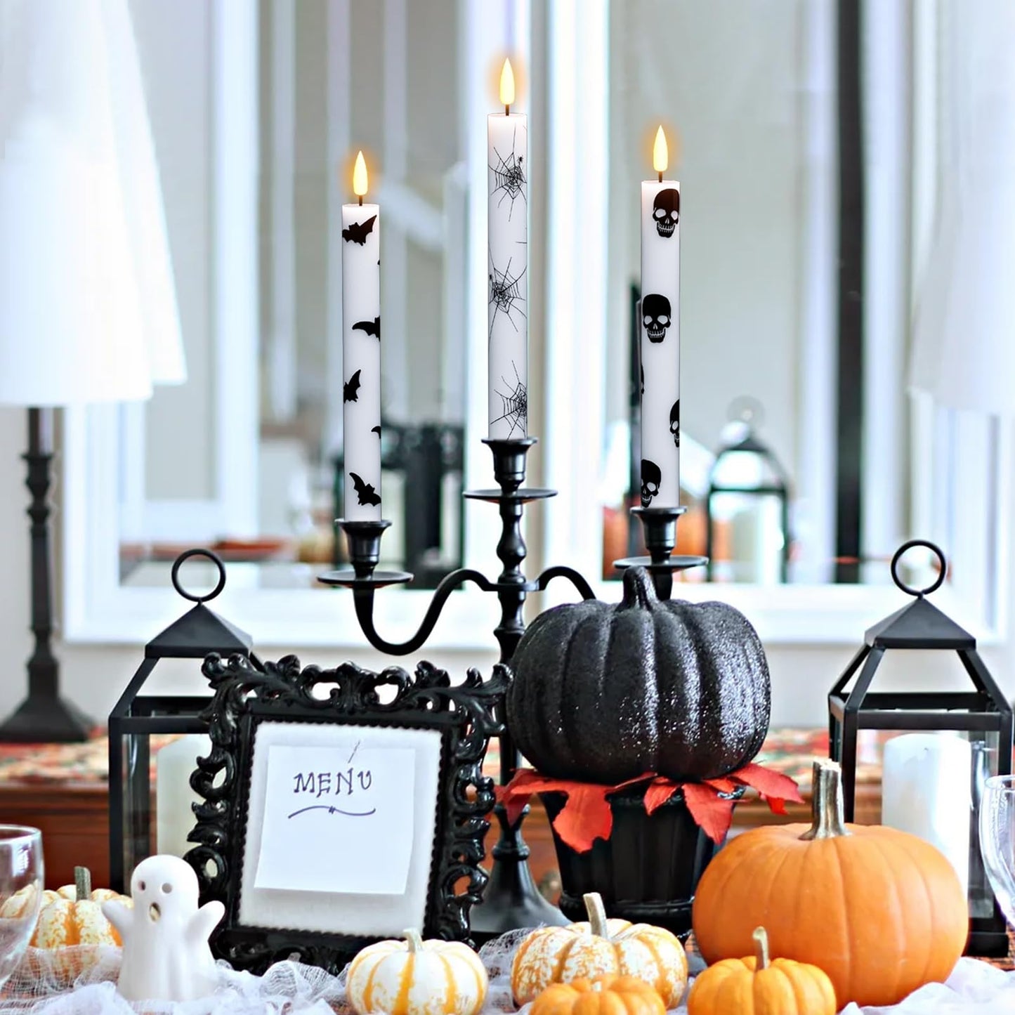 KunSwenn Halloween Flameless Taper Candles, 6 Pack LED Taper Candles Battery Operated with Remote Timer, Real Wax Flameless Candlesticks with Spider Webs/Skull/Bats Decals for Halloween Decoration