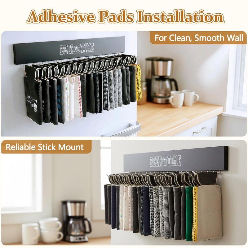 Stick on Can Cooler Holder Storage Wall Mount, Cooler Organizer Rack with 20 Rotatable Metal Hooks, Adhesive Drink Cooler Dispenser, Wooden Beer Sleeve Accessories for Fridge & Wall, Rust-Resistant