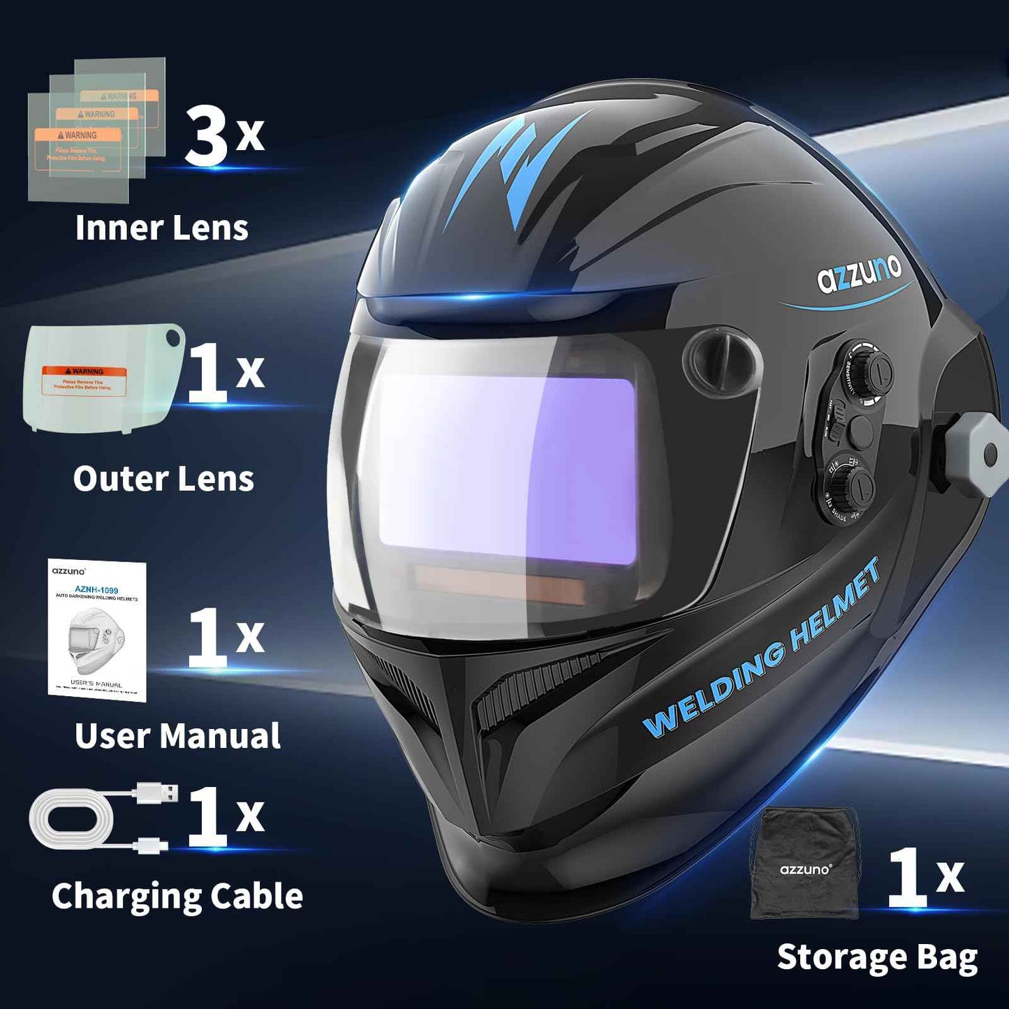 AZZUNO Auto Darkening Welding Helmet, 4.92"×2.76" True Color Large Viewing, Rechargeable & Solar Powered Welding Hood Mask with Unique Wide Shade Adjusting for TIG/MIG/Stick Weld/Cut/Grind