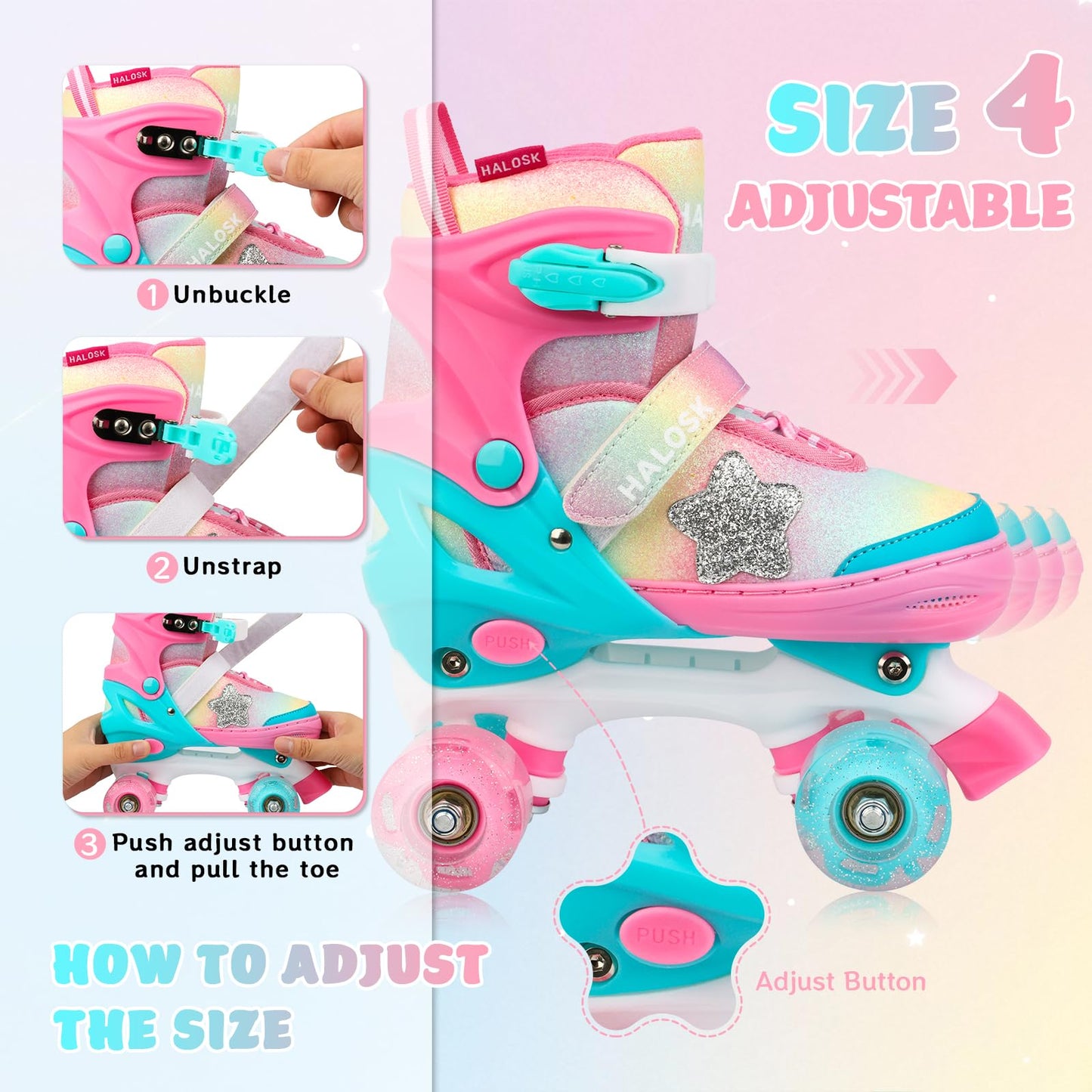 HALOSK Girls Roller Skates for Kids Boys, Adjustable Double Row Quad Skate with Light-Up Wheels, Gradient Star Design for Beginners Ages 3–12