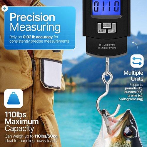 Flexzion Digital Hanging Scale - 110lb Portable Luggage & Fish Scale with LCD Display & Stainless Steel Hook