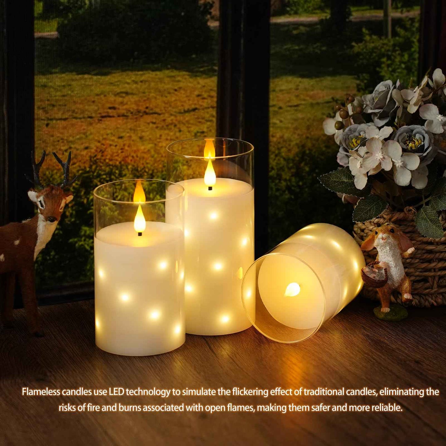 Nimiko Real Wax Flameless Candles Glass,Battery Operated LED Candles with Flickering Flame,Glass Shell,Interior Star Light Decoration Set of 3 White (D3×H 4" 5" 6") for Home Decor,Holiday Decoration