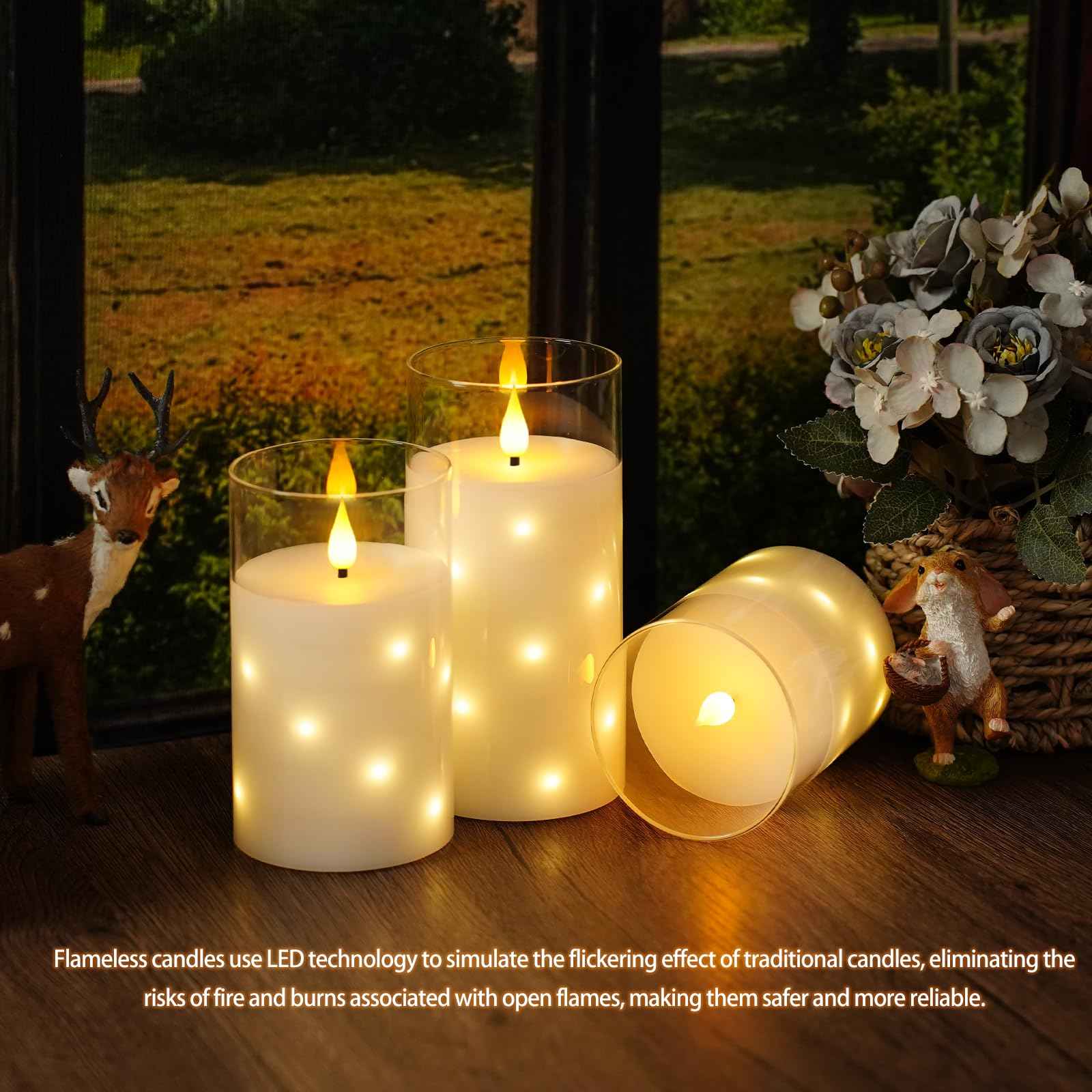 Nimiko Real Wax Flameless Candles Glass,Battery Operated LED Candles with Flickering Flame,Glass Shell,Interior Star Light Decoration Set of 3 White (D3×H 4" 5" 6") for Home Decor,Holiday Decoration