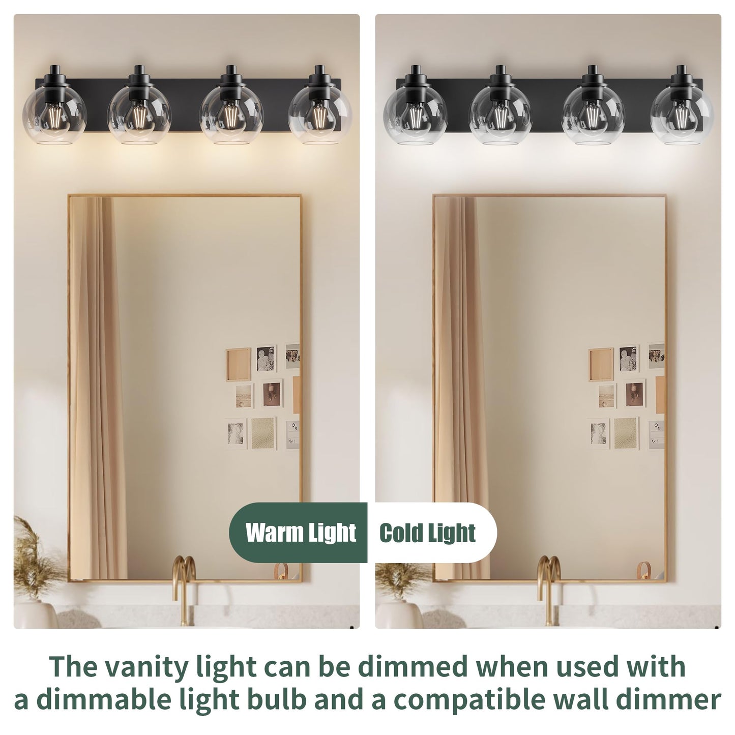 Espird Bathroom Light Fixtures-Matte Black Vanity Lights for Bathroom, Modern Black Vanity Lights 4-Light Bathrooms Lighting Fixtures Over Mirror with Clear Glass Shade